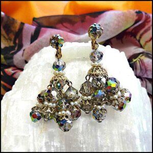 1950s Hattie Carnegie Chandelier Earrings Silver Crystals w Pearls